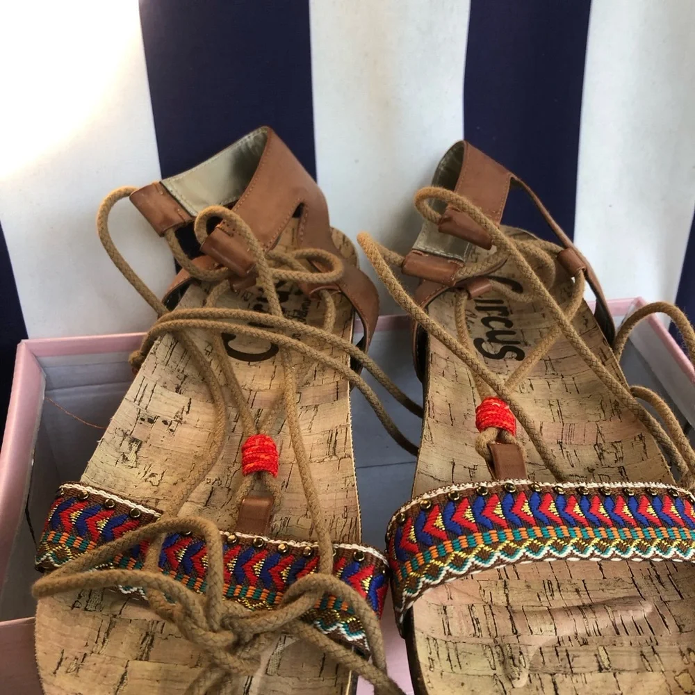 Circus by Sam Edelman Brown Leather-Look Lace-Up Sandals with Multicolor Trim